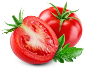 Tomato isolated png. Tomato with a half  and leaf on white or transparent background. Perfect retouched png tomato no background. Whole tomato with a slice. Full depth of field.