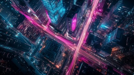 Fototapeta premium Aerial Cityscape Night View: Illuminated Skyscrapers, Urban Architecture & Bustling Highway Intersection