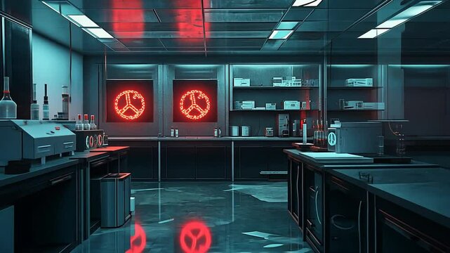 Neon Peace Symbol in a Dark, Futuristic Laboratory