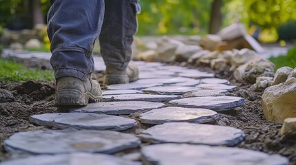 Naklejka premium Mason constructing a decorative stone path in a park. Featuring stone path creation