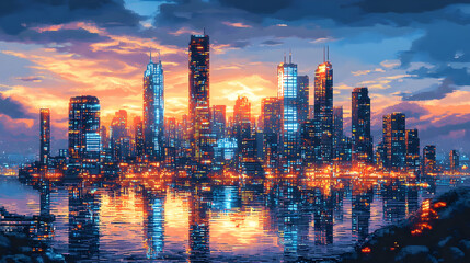 Fototapeta premium Vibrant Pixel Art Cityscape at Sunset with Reflecting Water and Modern Architecture in Orange and Blue Tones