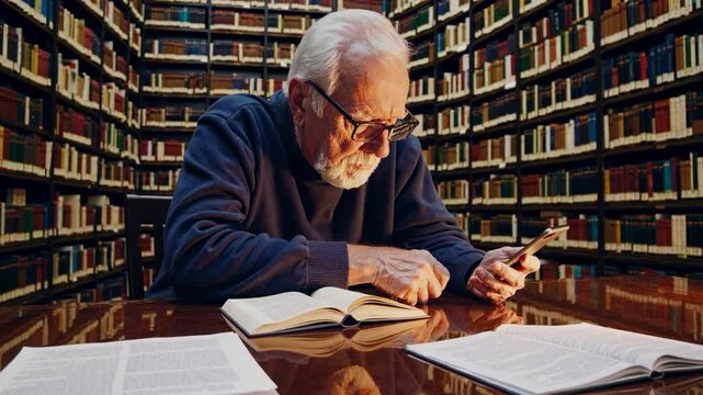Senior man deeply engaged in scholarly research with stacked books