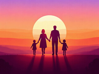 손을 잡고 일몰을 바라보며 함께 걷는 가족 실루엣 벡터 클립아트(Family silhouette vector clip art walking together holding hands and looking at sunset)