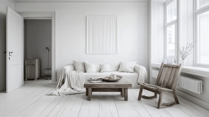 Minimalist living room with light wood furnishings.
