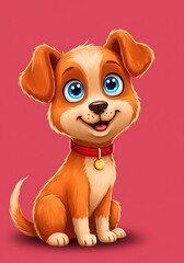 Fototapeta premium Adorable puppy with big eyes sitting red collar bright happy expression digital art cute pet cartoon