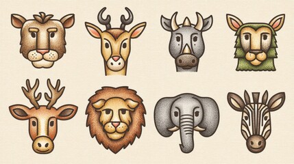 Fototapeta premium Eight Stylized Animal Portraits Pixel Art Collection Beige Background