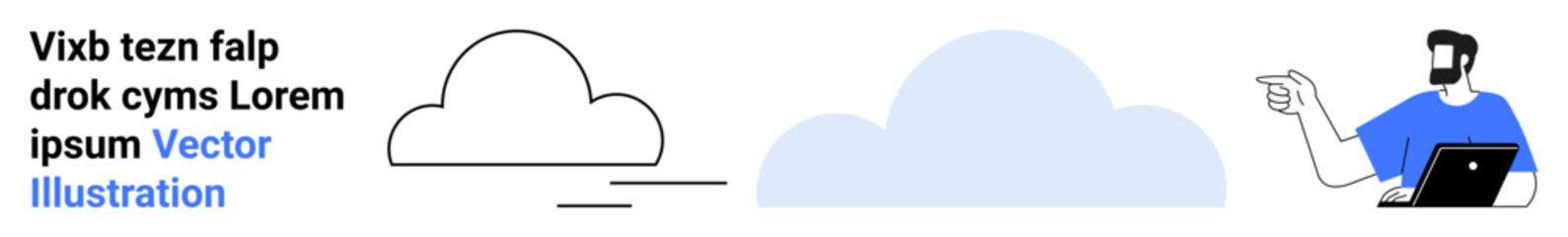 Abstract cloud illustrations alongside a man using a laptop, pointing at data. Ideal for technology, cloud storage, internet services, virtual connection, software, innovation, minimal design flat