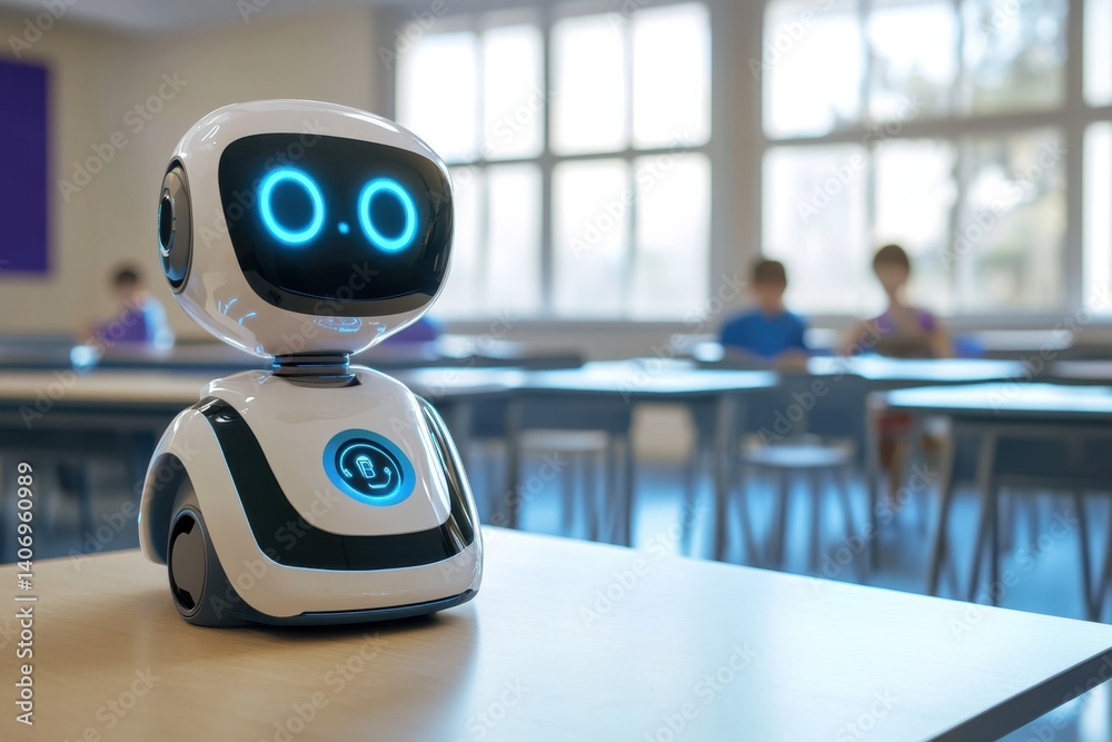 Poster robot assistant in classroom engaging with students during a learning session