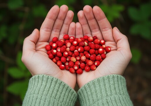 Hands holding freshly picked red berries in a forest during daylight
