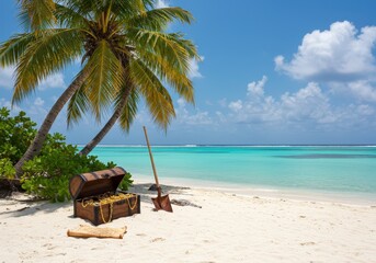 Treasure chest on a tropical beach beside palm trees and clear turquoise water