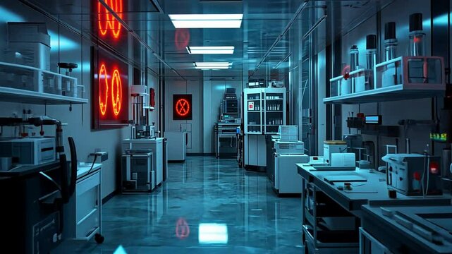 Neon-lit Laboratory Corridor with Scientific Equipment
