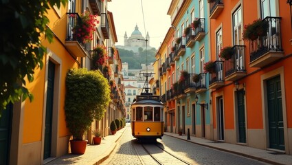 Fototapeta premium Colorful European City Street with Tram