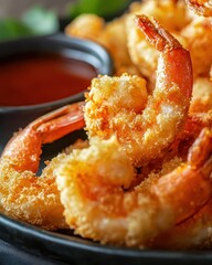 Crispy Fried Shrimp with Red Sauce on a Black Plate