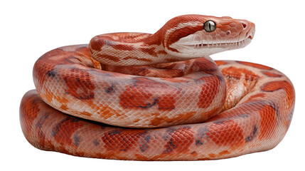 Fototapeta premium Vibrant red-tailed boa coiled tightly showcasing its striking patterns and colors in a natural setting
