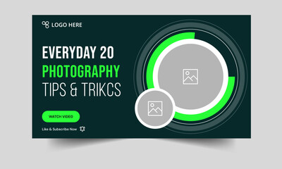 Trendy photography daily tips and tricks video thumbnail banner design, daily photography learning tips and techniques video cover banner design, editable vector eps 10 file format