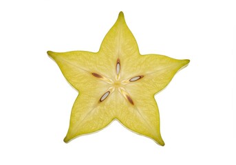 Fototapeta premium Sliced starfruit with vibrant yellow texture on white background for culinary design