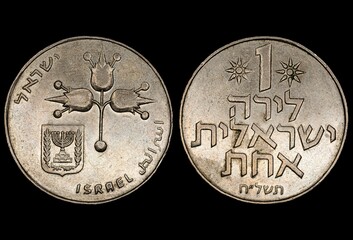 Close-up of an old Israeli one lira coin..