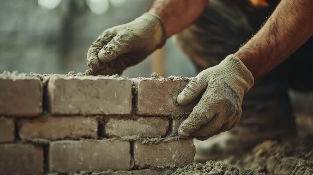 Mason constructing brick wall in residential area. Featuring precise brickwork and craftsmanship