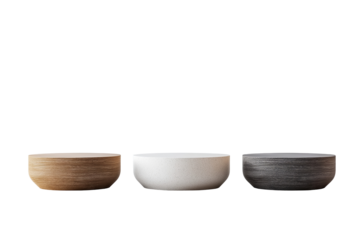Three elegant, low profile bowls in wood, white, and gray tones. Minimalist design against a solid transparent background