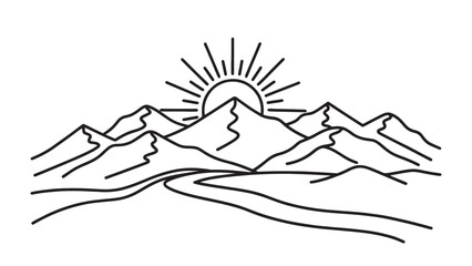 Bright sun illuminating a snowy mountain range, creating a stunning contrast between the white snow and blue sky line art flat vector illustration.