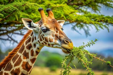 Obraz premium Close-up of a giraffe eating leaves from an acacia tree on a savanna