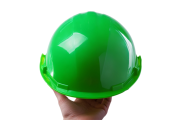 A vibrant green safety helmet is held in a hand,isolated on a transparent background, ready for industrial use and a bright color