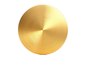 A shimmering golden circle on a transparent background, radiating light with concentric textures. Reflective, metallic, elegant