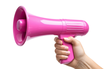 Hand holding a pink megaphone on a transparent background, perfect for announcements and spreading awareness