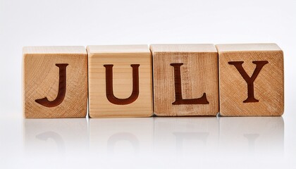 Minimalist photo of wooden blocks with month July on white background