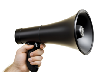 A hand grips a matte black megaphone, ready to amplify a message. Its shiny interior gleams, contrasting with its body