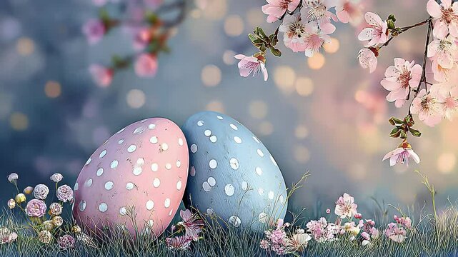 Easter eggs amidst spring blossoms on a meadow. Festive, serene, and dreamy scenery