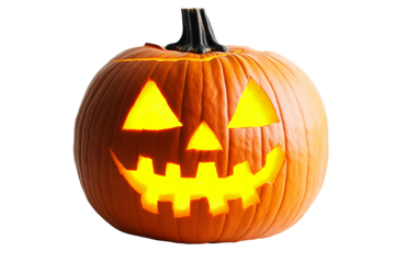 Spooky pumpkin glows on a transparent background, with carved smile and triangular eyes, evoking a holiday spirit