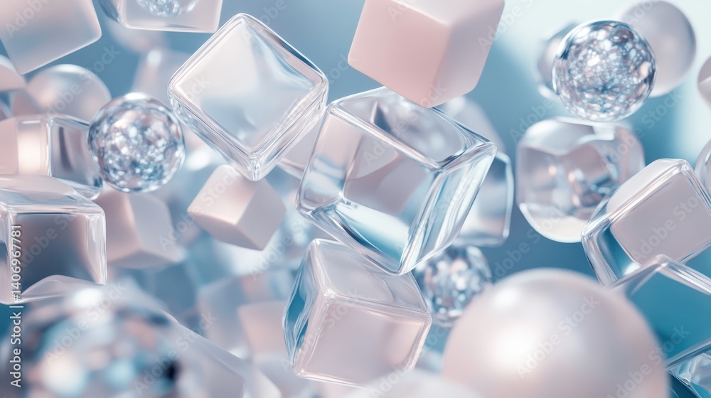 Poster abstract background of floating geometric shapes and crystal objects
