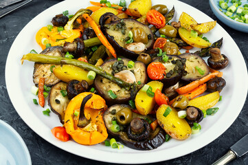 Roasted hot vegetables on a plate.