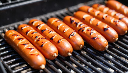Grilled hot dogs with distinct char marks on barbecue grill for cookout recipes, outdoor gatherings, food blogs, summer events, and grilling enthusiasts