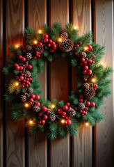 festive holiday wreath rustic wooden backdrop christmas decoration winter seasonal theme traditional nature elements, floral, greenery, ornament, twig, yarn