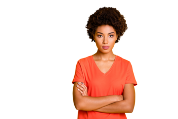Photo of beautiful serious black girlfriend standing confidently looking into camera keeping her hands folded wearing t-shirt isolated over yellow vivid color background