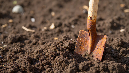Rusty shovel with wooden handle in dark soil for gardening blogs, landscaping websites, outdoor projects, agricultural presentations, and creative design use