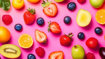 Colorful fruit slices on vibrant pink background top view