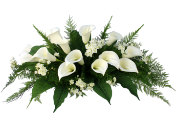 Lush arrangement featuring elegant white calla lilies, delicate foliage, and petite white flowers