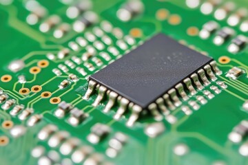 Close-Up of an Intricate Green Circuit Board with a Central Black Microchip Element