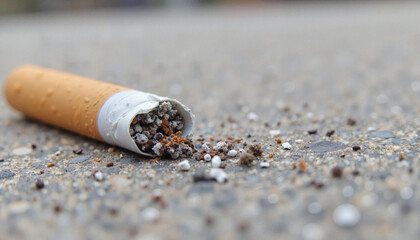 Close-up of Broken Cigarette Filter and Tobacco on Concrete for Smoking Awareness Campaigns, Anti-Smoking Initiatives, Educational Materials, and Health Blogs