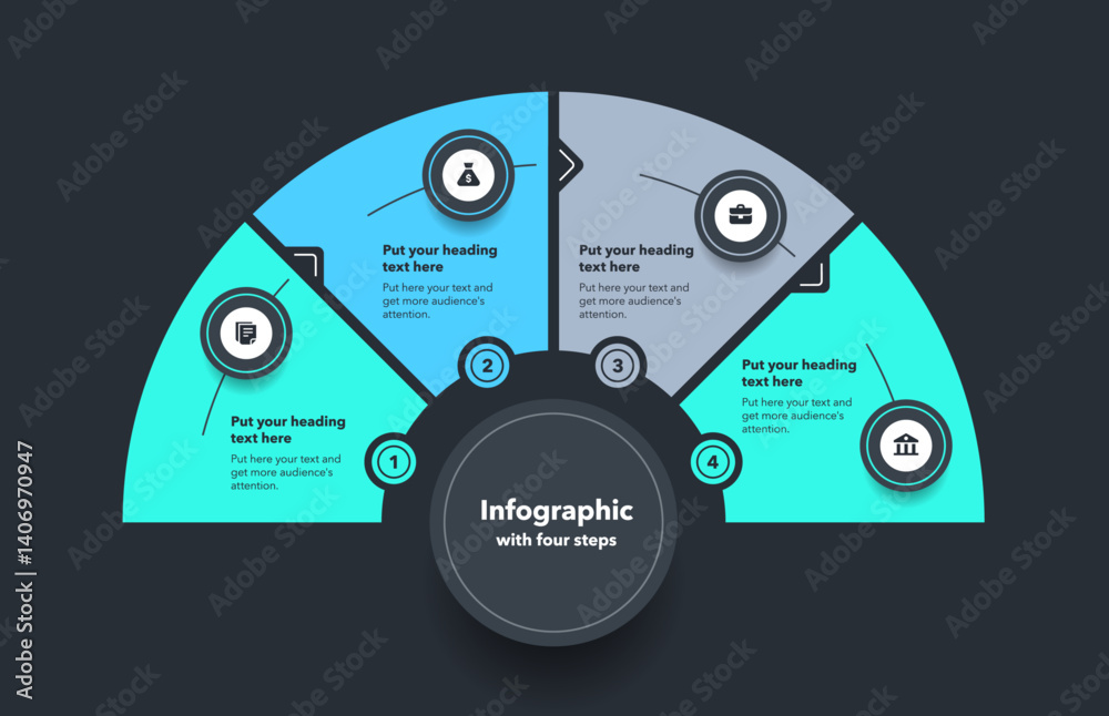 Poster Circular infographic diagram divided into four steps - dark version. Flat design with minimalistic icons and place for your texts.