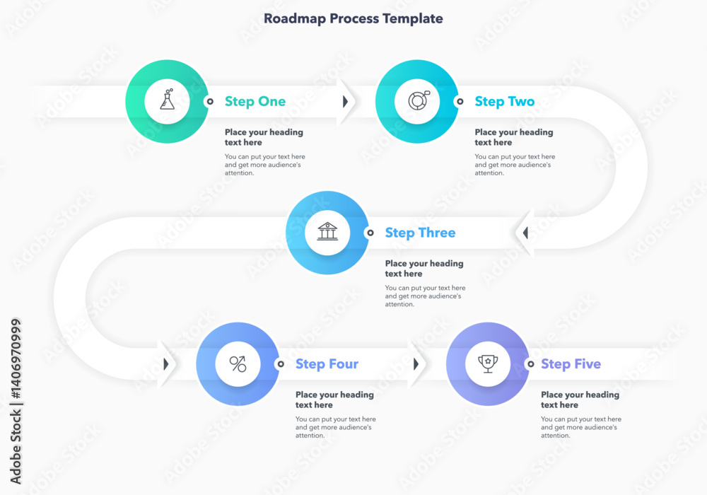Poster Curved roadmap timeline template with five steps. Simple infographic design with icons and place for your texts for workflow layout, banner or web design.