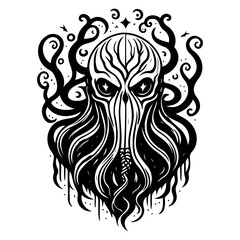 Eerie Tentacle Skull Illustration in Black and White