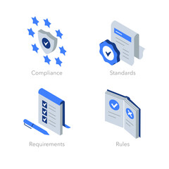 Simple set of isometric flat icons for compliance. Contains such symbols as Compliance, Standards, Requirements and Rules.