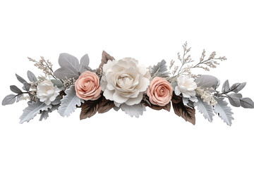 Delicate floral arrangement. Peach and white blooms with silvery leaves.  A simple and elegant design