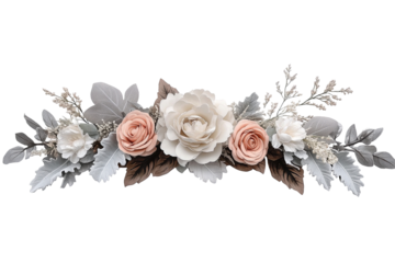 Delicate floral arrangement. Peach and white blooms with silvery leaves.  A simple and elegant design