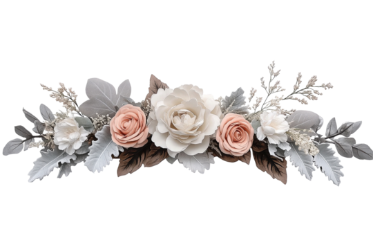 Delicate floral arrangement. Peach and white blooms with silvery leaves. A simple and elegant design - Powered by Adobe