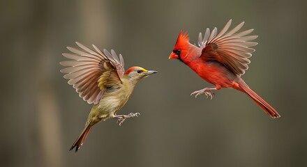 Fototapeta premium Male Northern Cardinal & Golden-fronted Woodpecker Interaction, Rio Grande Valley, Texas 